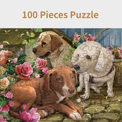 Quebra-cabeça de 100 peças Montagem de imagem Animais de desenho animado Três cachorros com flor Quebra-cabeças para descompressão Brinquedo Presentes educativos