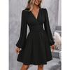 Women S V Neck Lantern Sleeve Solid Color High Waist Dress