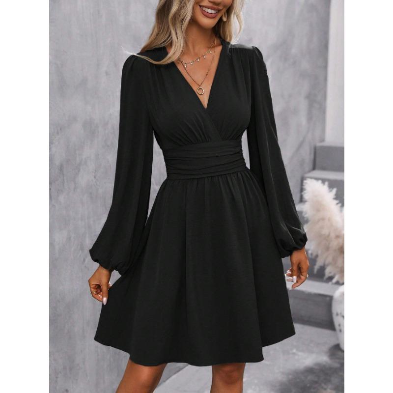 Women S V Neck Lantern Sleeve Solid Color High Waist Dress