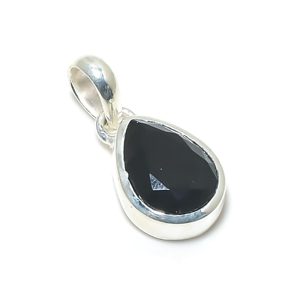 Dainty Black Spinel Gemstone Silver Pendant In 925 Sterling Silver - Handmade Pear Design, Everyday Wear Minimalist Jewelry Party Wear Gift