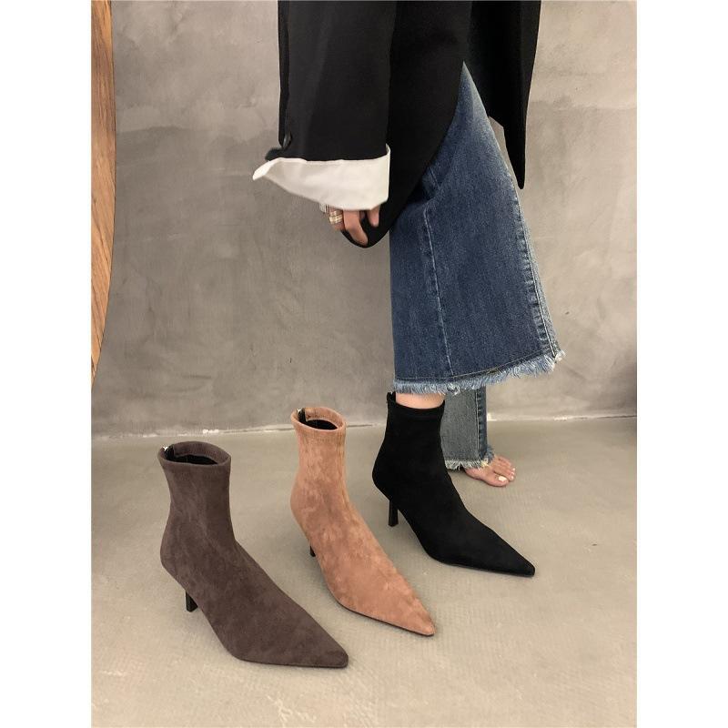 With Skirt Thin Heel High Heel Boots Fashionable Retro Pointed Short Boots Women'S Autumn And Summer French Small Naked Boots