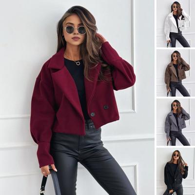 Damen Herbst Wintermantel Kurzer Typ Umlegekragen Einfarbig Lockerer Knopfverschluss Cardigan OL Pendlerjacke Lady Daily Outwear