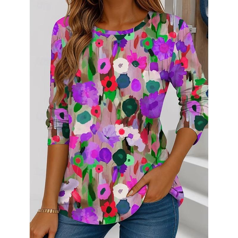 Autumn and Winter Women's Color Flowers 3D Printed Crew Neck Long Sleeve T-Shirt