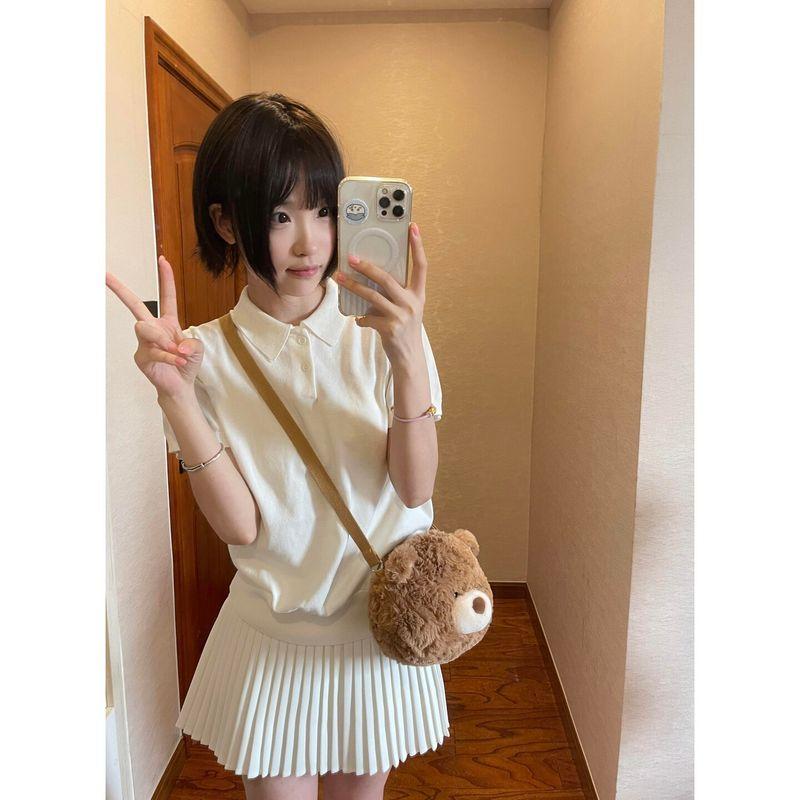 

Unifitop Retro Versatile Knitted Short-Sleeved T-Shirt Polo Shirt for Women White Short Pleated Skirt Two-Piece Set Top S