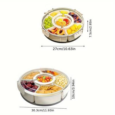 Dzielona obrotowa taca do serwowania z pokrywką i uchwytem, przenośny pojemnik na przekąski na owoce, warzywa, charcuterie, przezroczysty spinner na przekąski