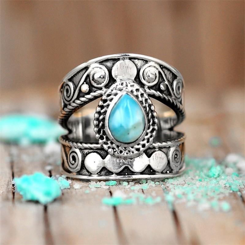 

Кольцо Bohemian Teardrop Turquoise Ring - Резной узор в стиле ретро для женщин Size 10 зелёный