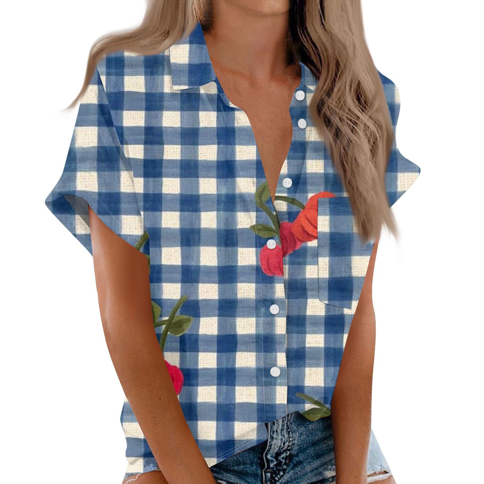 

Женская блузка-кардиган на пуговицах с короткими рукавами и принтом, топ с карманом L синий