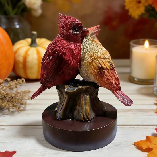 Couple Bird Statue 6" Male And Female Red Birds Figurine Collectible Resin Animal Sculpture for Living Room Home Table Shelf Decor