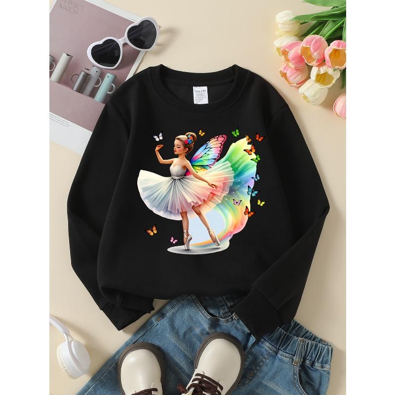 Girls' Crew Neck Sweatshirt Ballerina with Butterflies Rainbow Wings, Soft Cozy Pullover, Warm Casual Outfit for Autumn And Winter