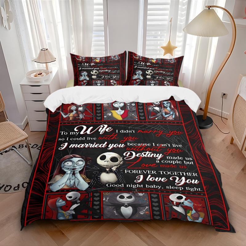 3pcs Jack and Sally To My Wife Bedding Set, 1 Soft Quilt Cover + 2 Pillowcases, Machine Washable, Suitable for All Seasons, Perfect Gift for