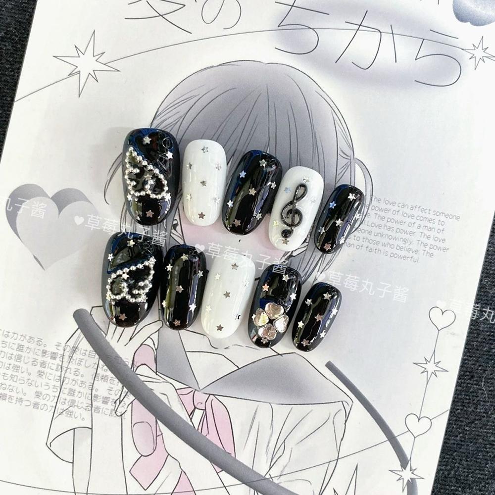 10Pcs Y2K Handmade Press On Nails Short Square Cartoon Stickers Pearl Wings Heart Bow Holiday Gift