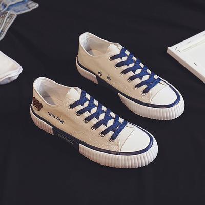 Women's Thick Soled Round Toe Canvas Shoes with Low Cut and Shallow Mouth Lightweight and Comfortable Cute Little Bear Shoes