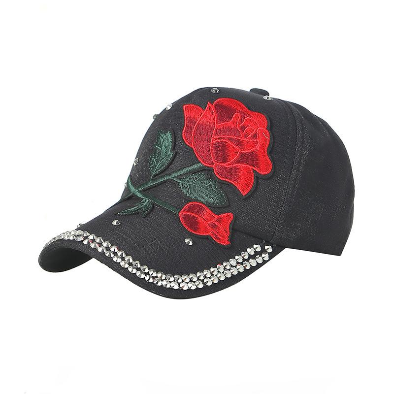 Fashion Rose Baseball Cap with Rhinestone Ball, Summer Outdoor Sun Protection Hat, Trendy Visor Cap for Women