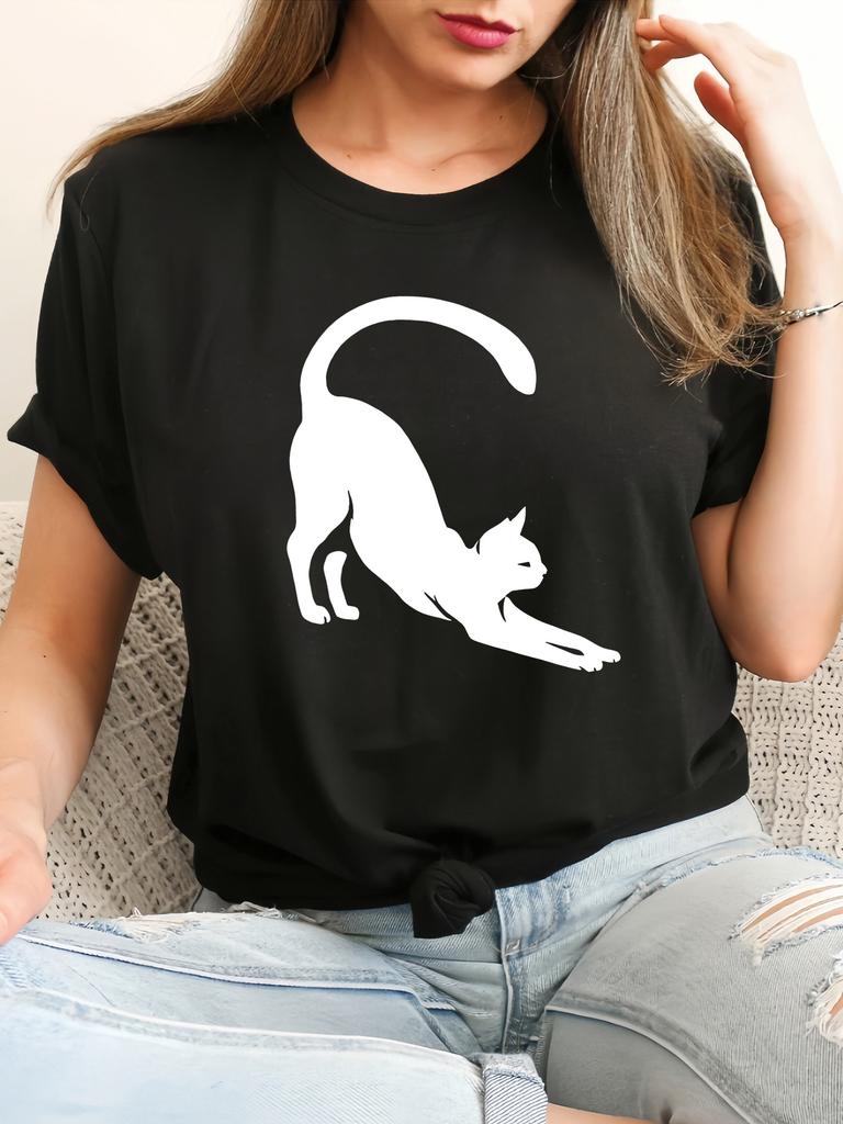 Cat Print Tshirt Short Sleeve Crew Neck Casual Top for Summer Womens Casual Summer Tops Daily Wear Tshirt Clothing