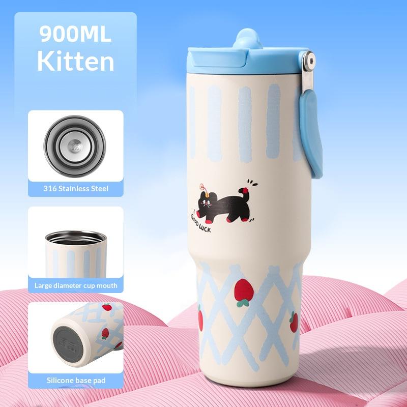 Cartoon Animal Thermos Cup Large Capacity Stylish Portable Straw Cup Outdoor Women's Insulated Coffee Mug