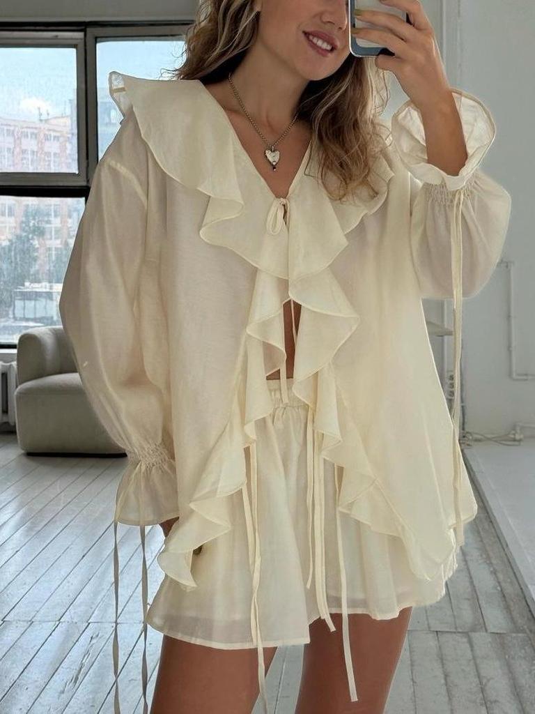 2025 Summer European & American Lace-up Ruffle Top and Shorts Set for Women