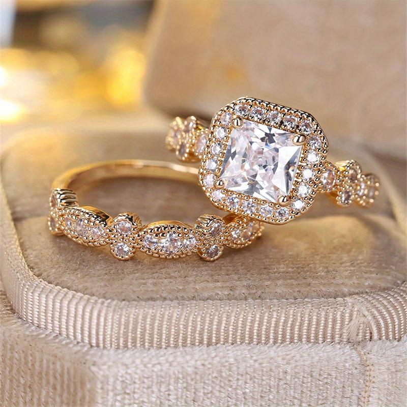 2 Pcs/set Golden Color Square Cut White Stone Ring Set Wedding Band Valentine's Day Jewelry