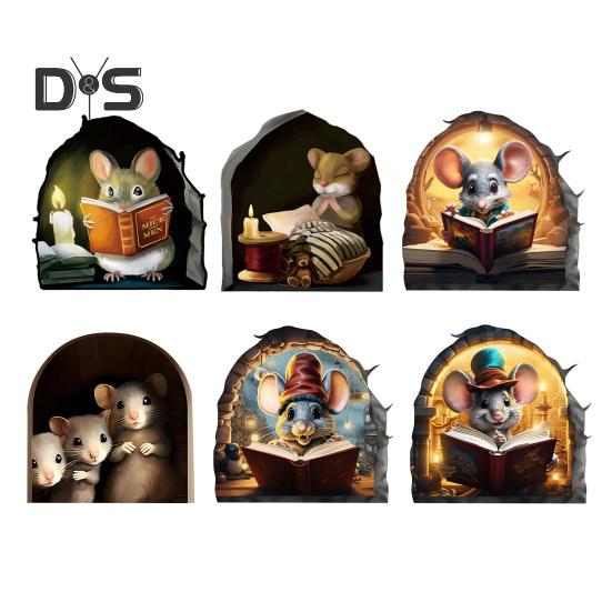 

Наклейка на стену с изображением мыши, отклеивающаяся и приклеивающаяся, мультяшная наклейка с изображением мыши для чтения, водонепроницаемая самоклеящаяся наклейка для детской комнаты, класса, домашнего декора стен 6pcs