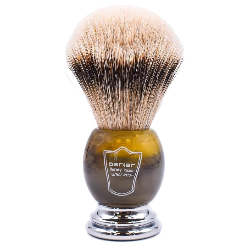 Parker Faux Horn Handle Silver Tip Badger Hair Shaving Brush with Stand Shaving Barber HHST 100% Men's [Item]