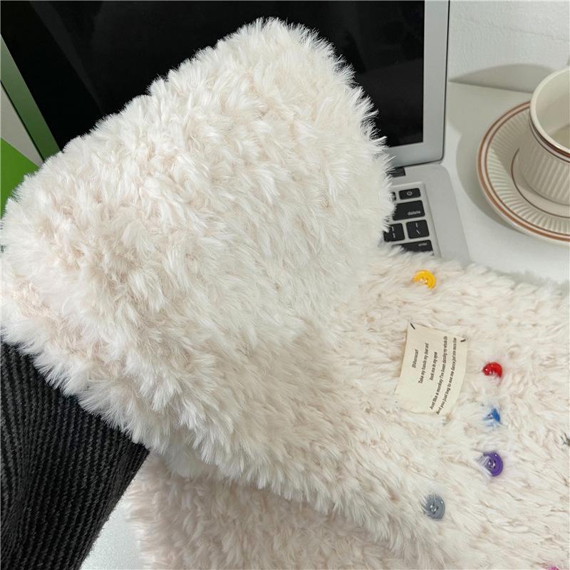 Korean version of fashion button plush thickened scarf female winter students thickened warm student versatile foreign style scarf tide