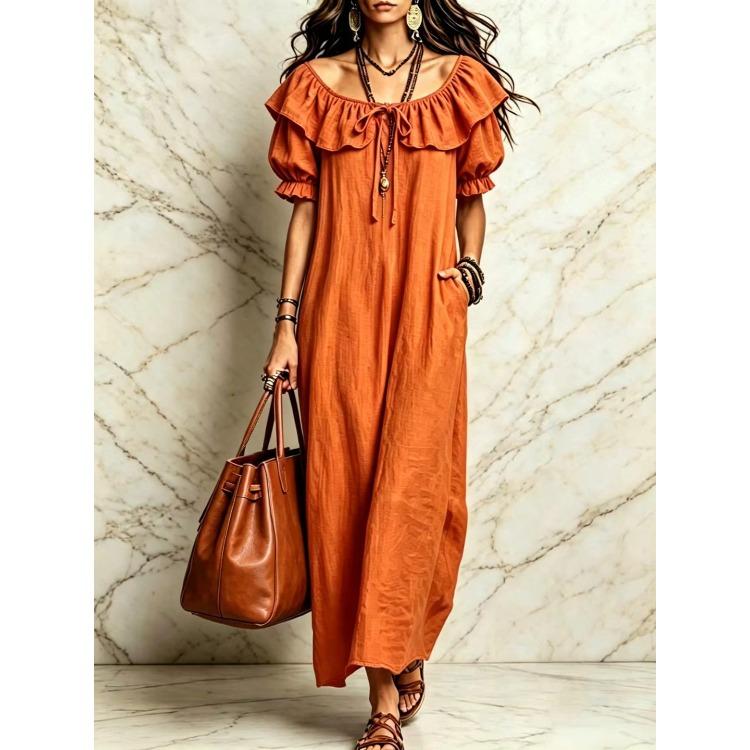Women Off Shoulder Ruffle Tie Waist Bubble Sleeve Midi Dress