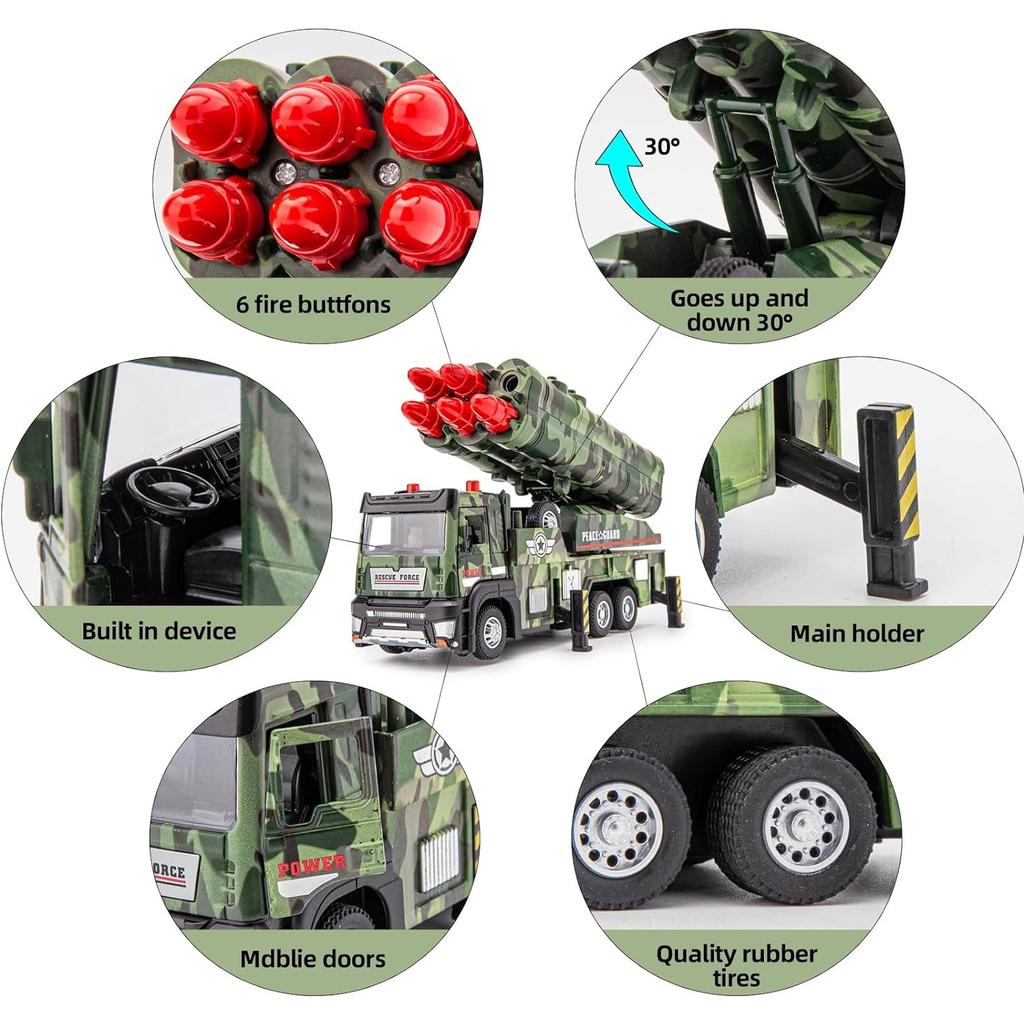 Army Toys Militär-LKW mit 6 abschussbaren Raketen, Druckguss-Spielzeugfahrzeuge, Modellautos mit Licht und Geräuschen, Pull Back and Go-Geschenk