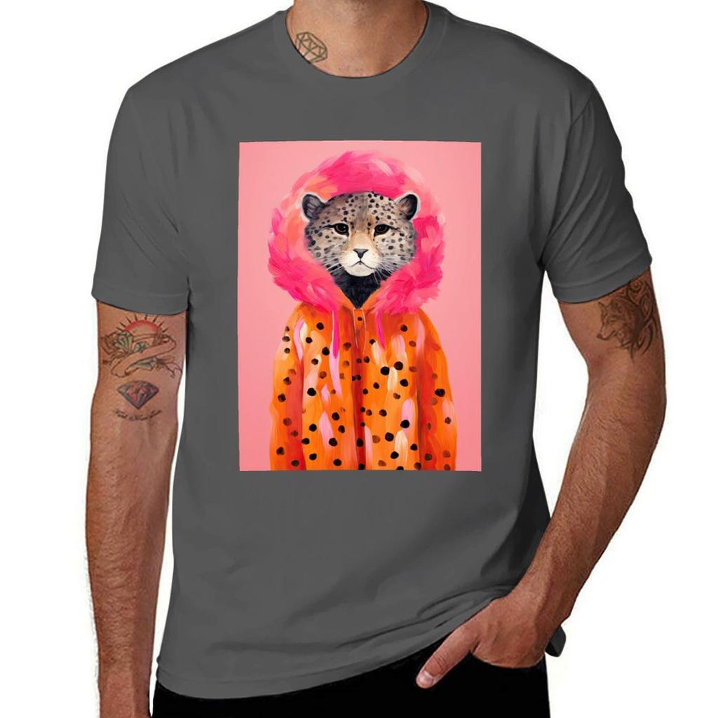 Watercolor Leopard In Orange Fur Coat Funky Animal Fashion Art Print Tshirt Casual Loose Fit Short Sleeve Tshirt