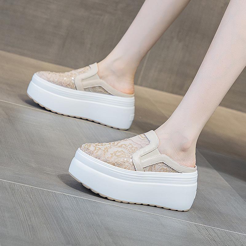 Fashion 8cm Heelless Half Slippers Female Baotou Summer New Lace Glitter Breathable Platform Casual Shoes Fashion Trend