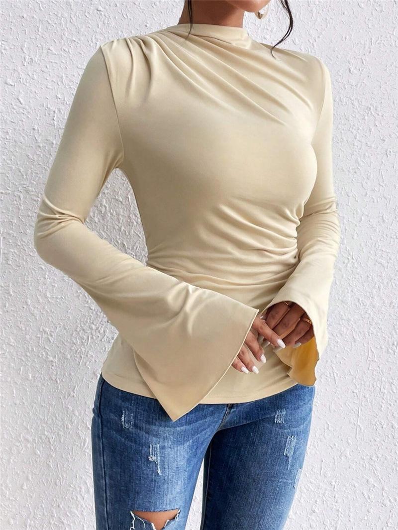 Women Slim Fit Mock Neck Long Sleeve T Shirt With Flared Ruched Details S