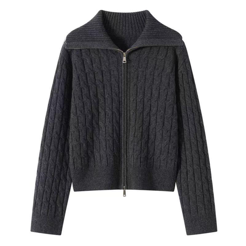 Women's Double Zipper Wool Coat - Retro Cable Knit Long Sleeve Cardigan with Lapel