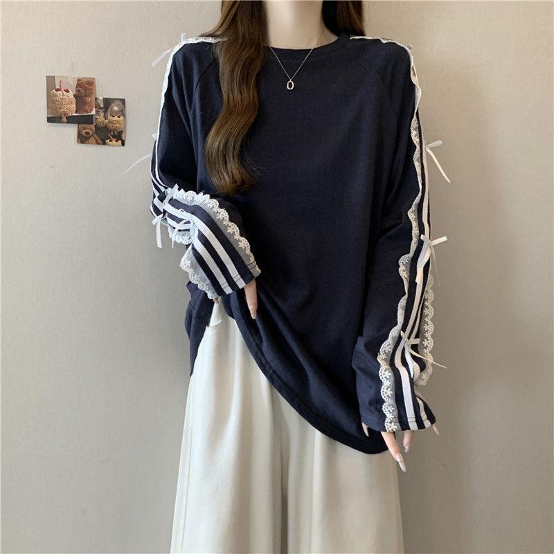 Casual O Neck Long Sleeve T-shirt Lace Patchwork Loose Bow Women Clothing Korea Mid-length Slim Tops