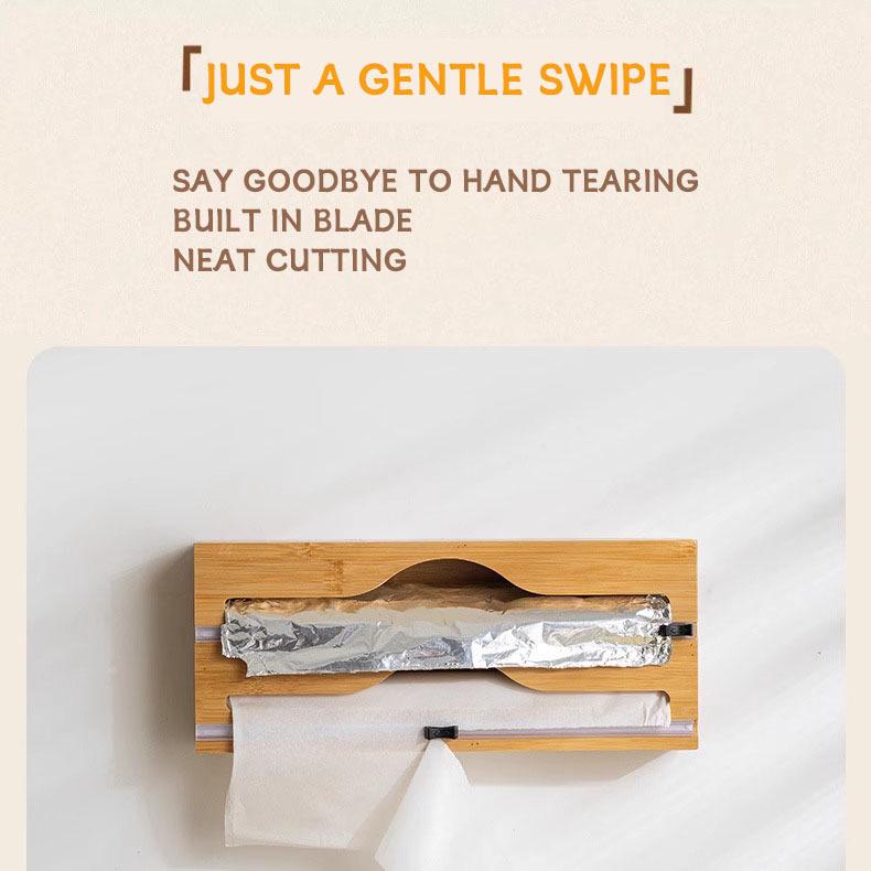 Wall-Mounted Bamboo Foil & Cling Film Cutter with Storage Compartments and Slide Knife