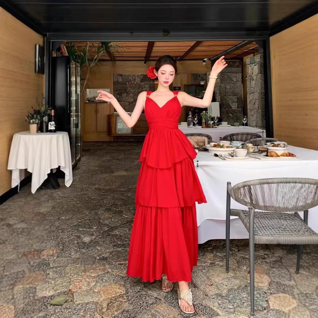 New red V-neck chiffon dress for women's summer lotus leaf edge waist holiday cake dress