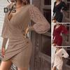 Women Dress Hollow Out Lace Sleeves Sheath Slim Fit Irregular Deep V Neck Hem Solid Color OL Style Formal Party Banquet Mini Dress Fall Spring Short