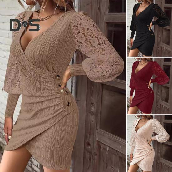Women Dress Hollow Out Lace Sleeves Sheath Slim Fit Irregular Deep V Neck Hem Solid Color OL Style Formal Party Banquet Mini Dress Fall Spring Short