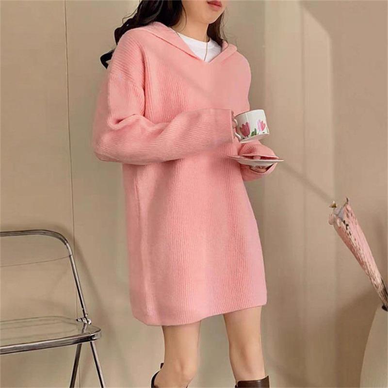 Temperament Medium and Long Hooded Knitted Sweater Top Women's Autumn and Winter New Loose and Thin Solid Color Pullover Sweater Women