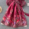 Vestido de Fiesta Boho para Mujer Impresión Floral Preciosa Gasa Manga de Farol Cierre de Cordones Cruzado Cuello en V Empalme de Banda de Satén