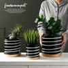 Nordic Black And White Striped Ceramic Flower Pot With Tray Round Potted Desktop Flower Arrangement Container Home Decorations