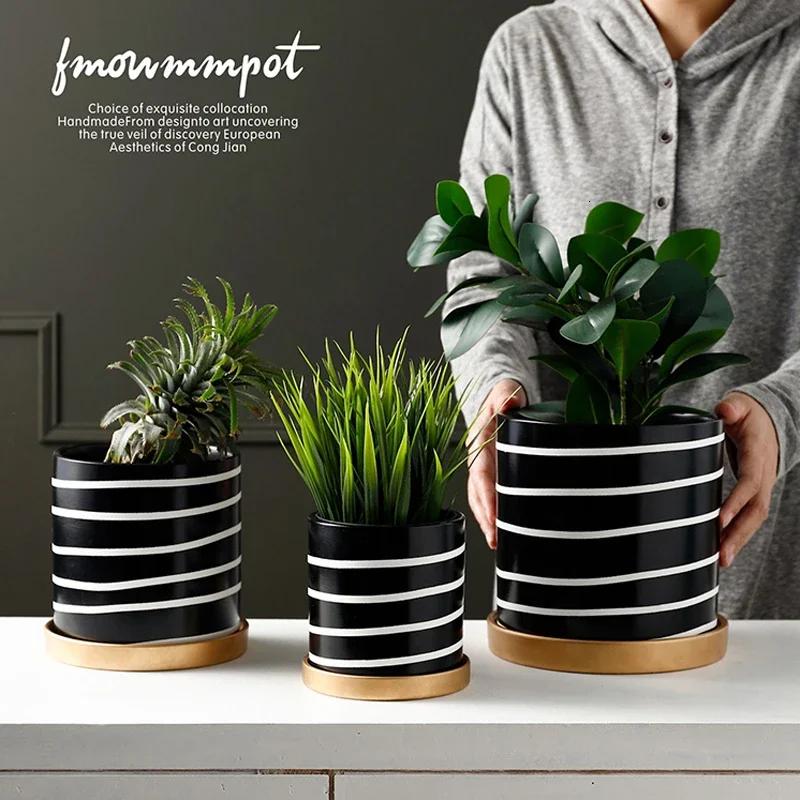 Nordic Black And White Striped Ceramic Flower Pot With Tray Round Potted Desktop Flower Arrangement Container Home Decorations