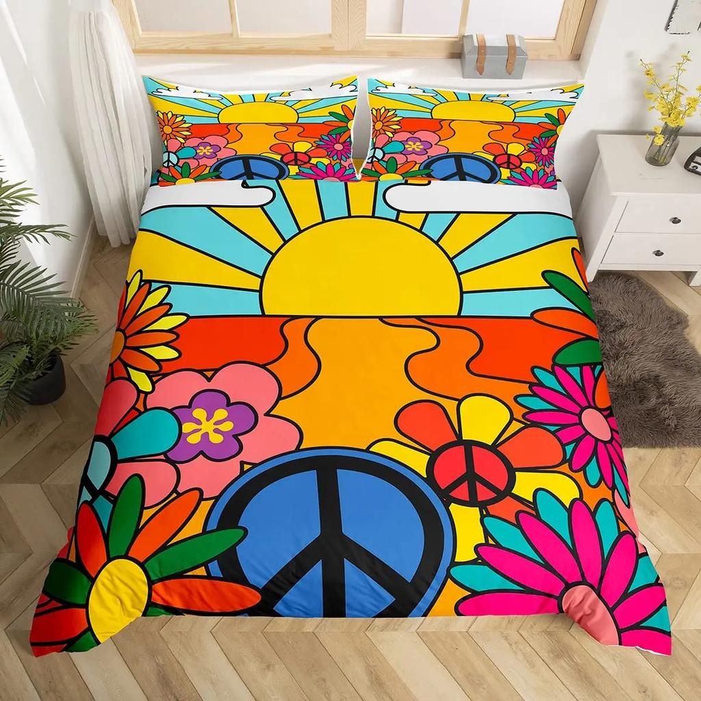 Hippie Flower Duvet Cover Set Boho Mandala Bedding Set Microfiber Groovy Flowers Comforter Cover King for Girls Women Room Decor