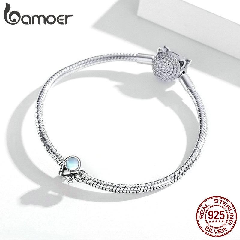 BAMOER 925 Sterling Silver Moonstone Charm, Weightless astronauts Space Walk Charm Beads fit Original 3mm Bracelet DIY Jewelry
