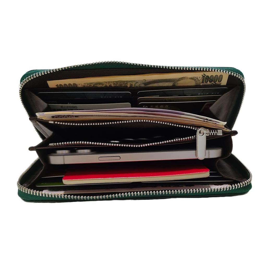 [viizimei] Damen Geldbörse aus echtem Leder, Langformat, Große Kapazität, Leicht, mit Münzfach, Schlichtes Retro-Design, Grün