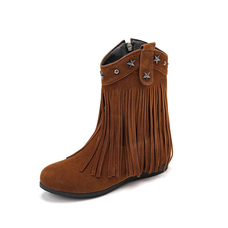 

Ковбойские западные ботинки с бахромой Женские замшевые ретро ботильоны Увеличивающие рост заклепки Боковая молния Зимняя обувь 43