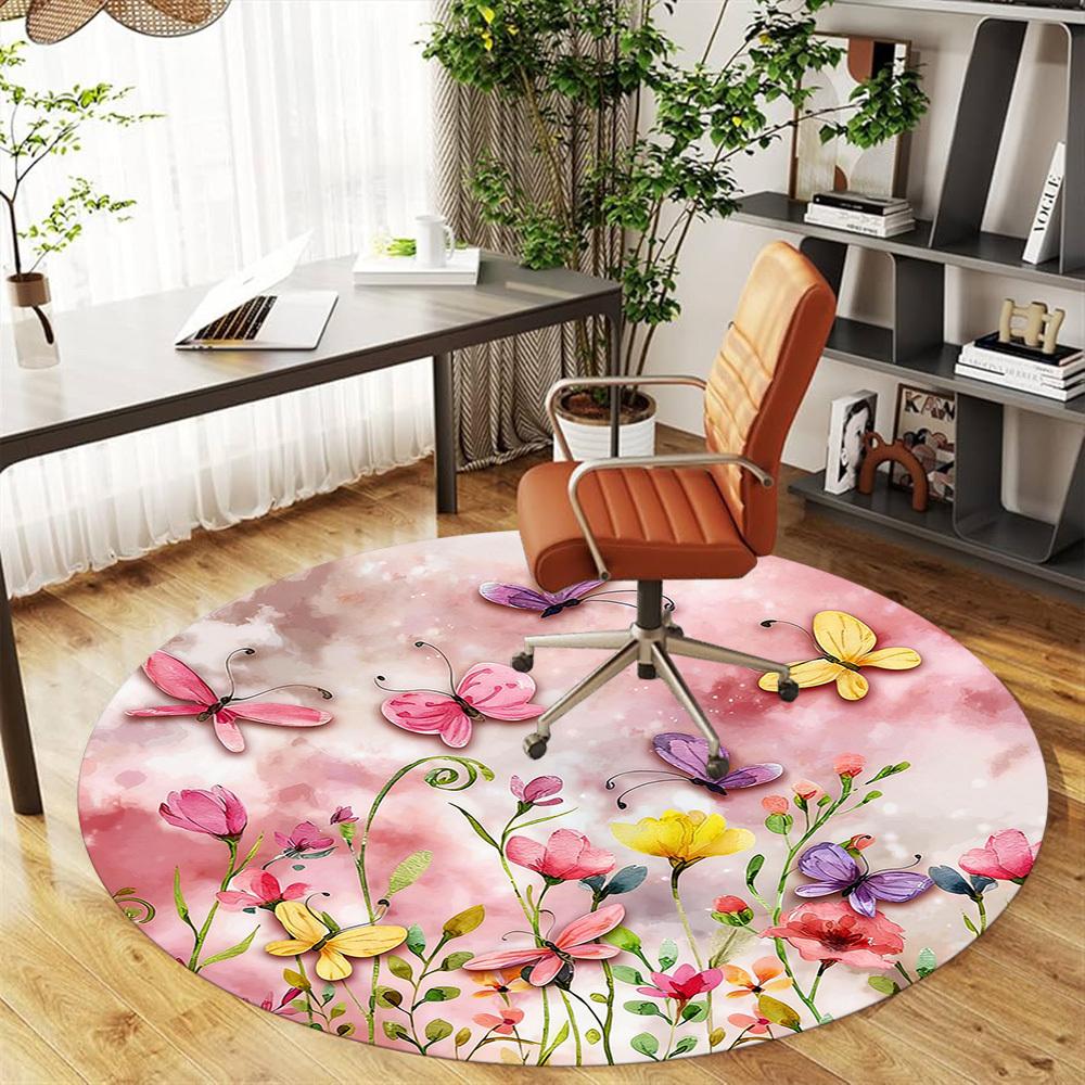 1pc Butterflies Flowers Round Chair Mat Office Area Rug - Non-Slip, Floor Mat for Office, Bedroom, and Indoor Decor P127232