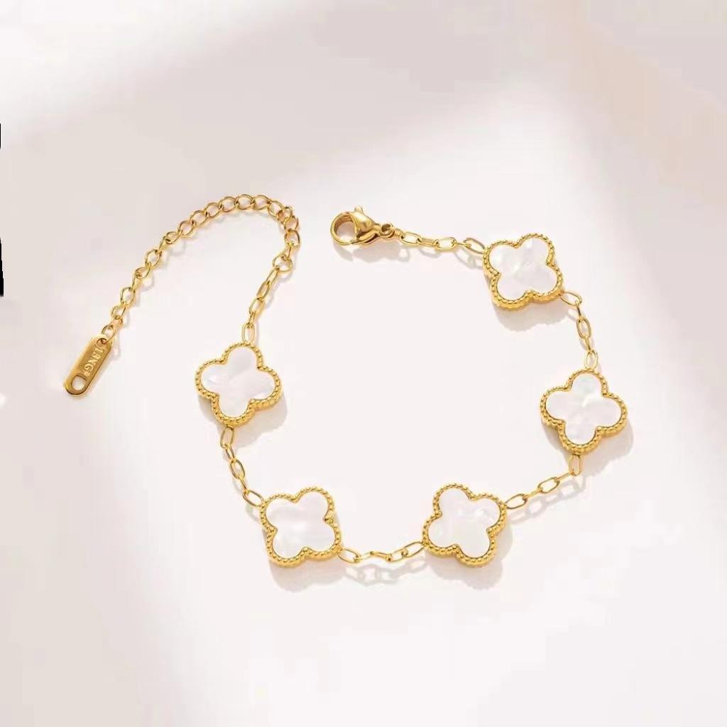 Net Red New Titanium Steel Four-leaf Clover Bracelet Female Simple Ins Five Flowers Mother-of-pearl Good Luck Four-leaf Clover Hand Jewelry Chain