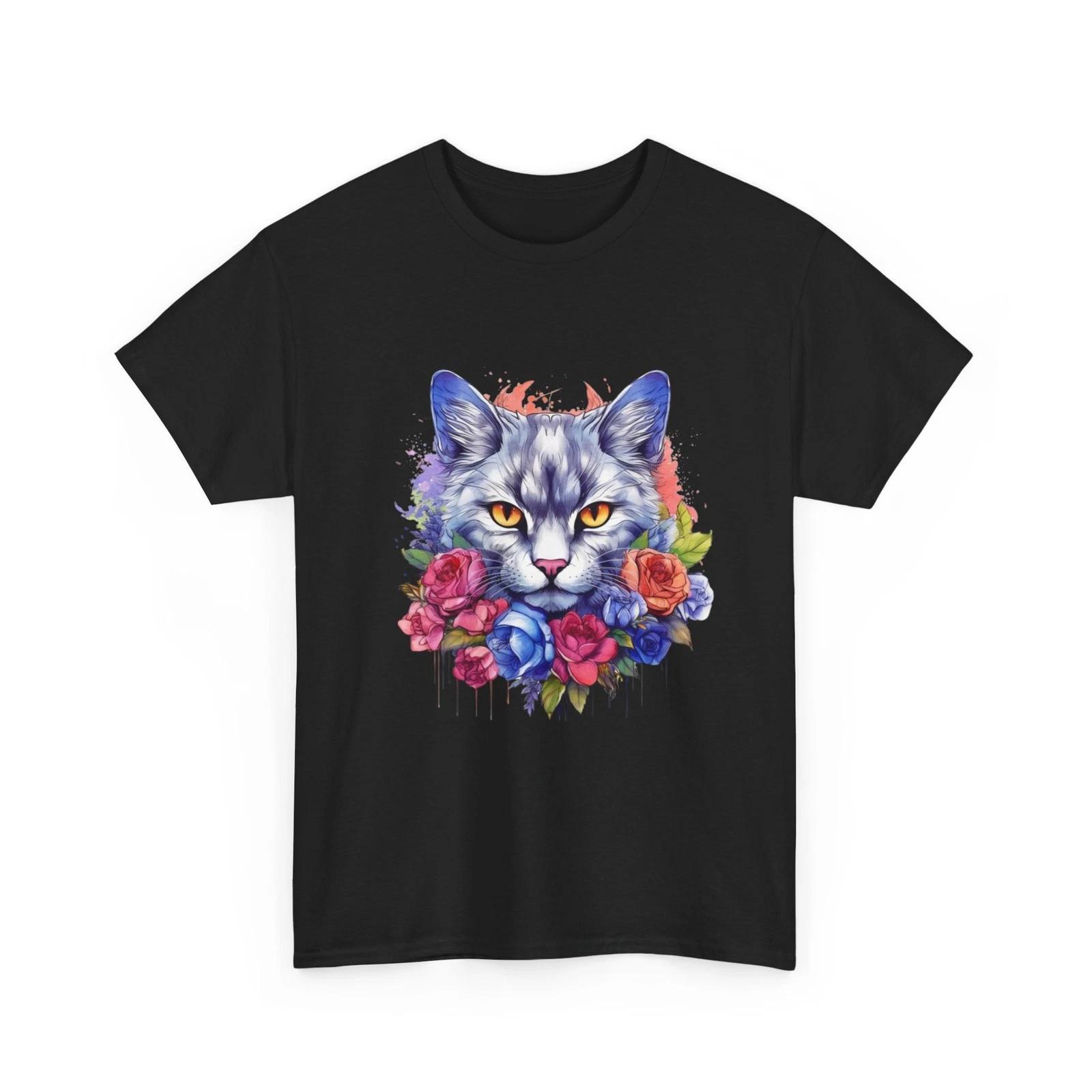 Pretty Cat T-Shirt Colorful Kitten Face Floral Artistic Roses Graphic Tee XL