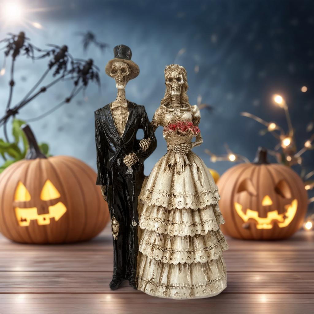 1 Halloween Couple Skeleton Statue Ornament, Vintage Wedding Dress Style, Home Desktop Party Decoration, Spooky and Romantic Atmosphere Item