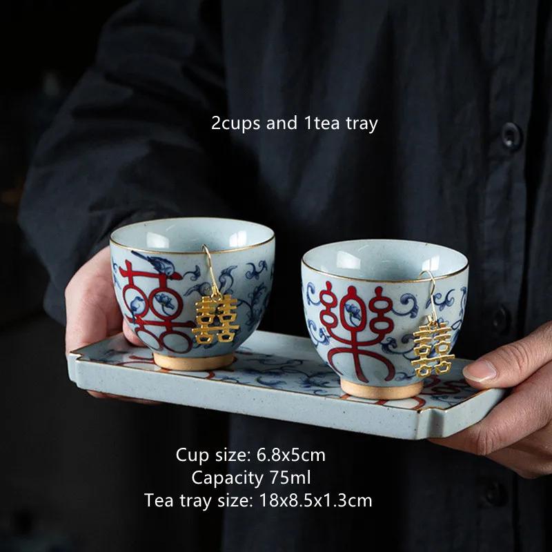 Blue and White Happy Cups Ceramic Cups Wedding Gifts Kungfu Tea Set Handmade Teacup Tea Set Accessories 75ml Teacup and Tea Tray