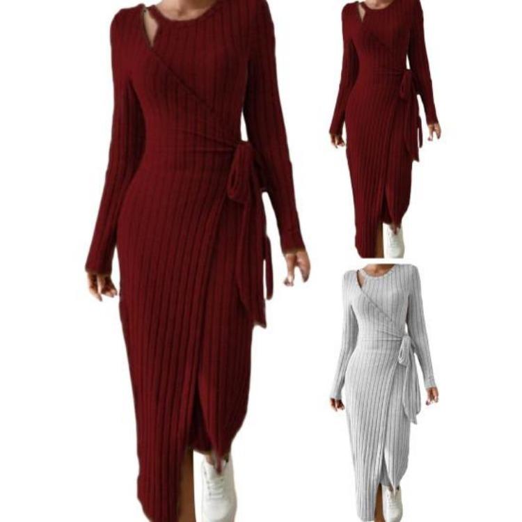 Women Fall Winter Knitted Solid Color Wrap Dress Hollow Out Lace Up Waist Round Neck Long Sleeve Irregular Hem Elastic
