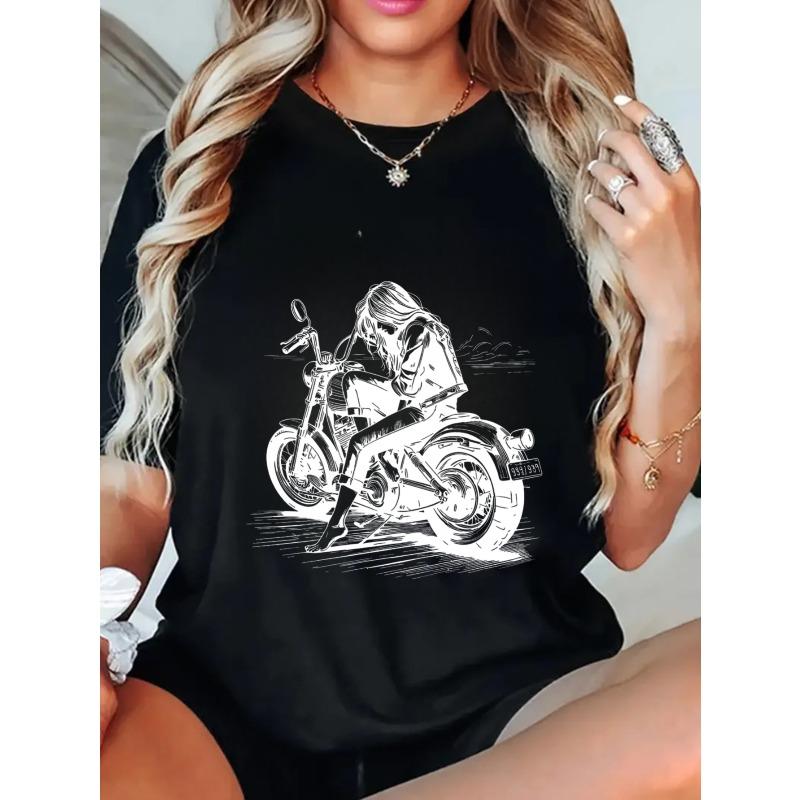 Black Oversized T Shirt With Motorcycle Girl Graphic Print For Casual Wear And Street Style